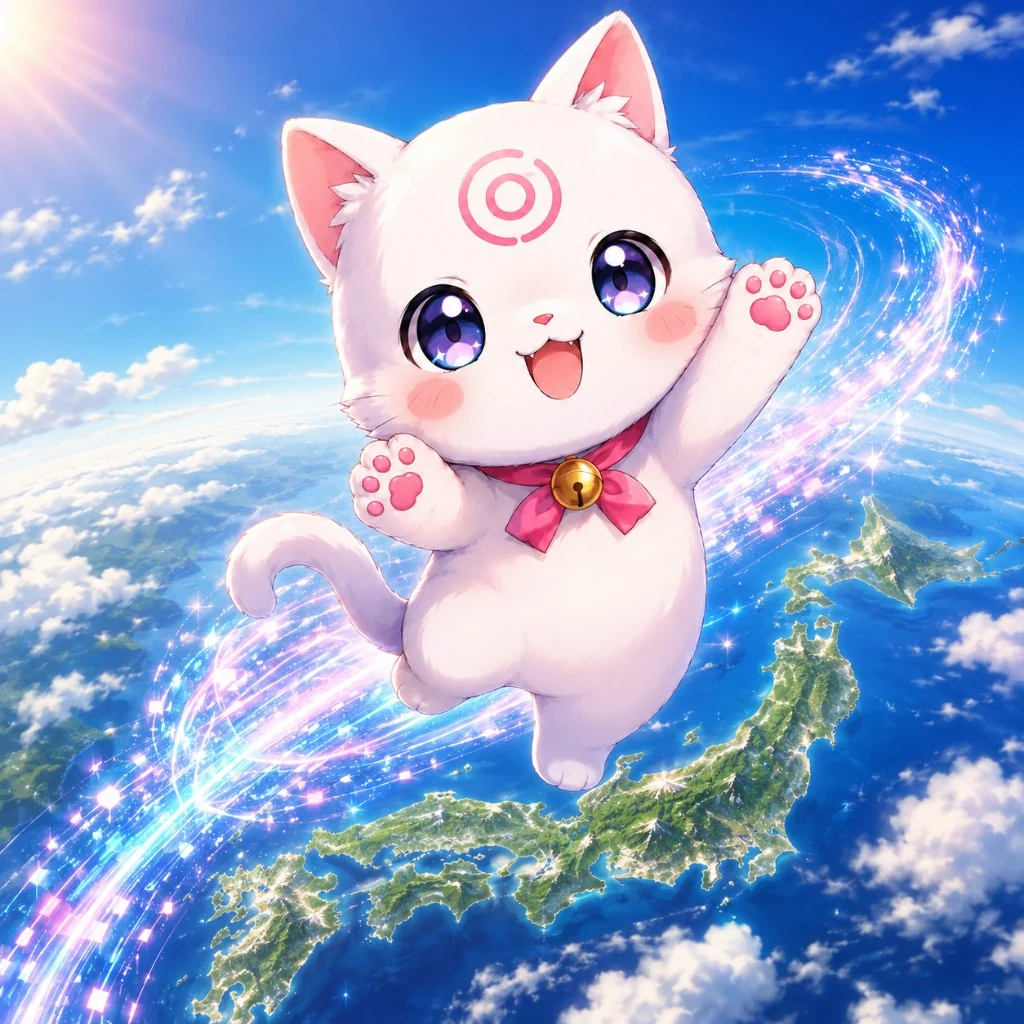 AI猫ぐるぐるのビジュアル。日本上空を飛ぶ白猫